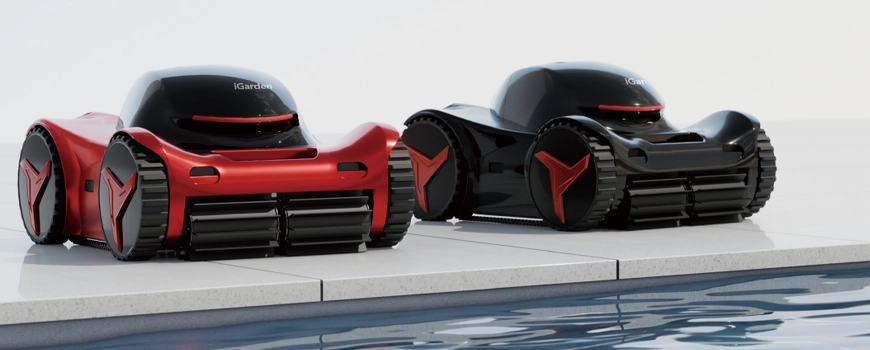 dois igarden, um vermelho e um preto, ambos robots automatico de limpeza de piscina igarden