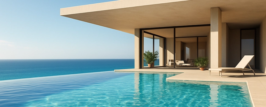 piscina rectangular infinita com casa linha moderna