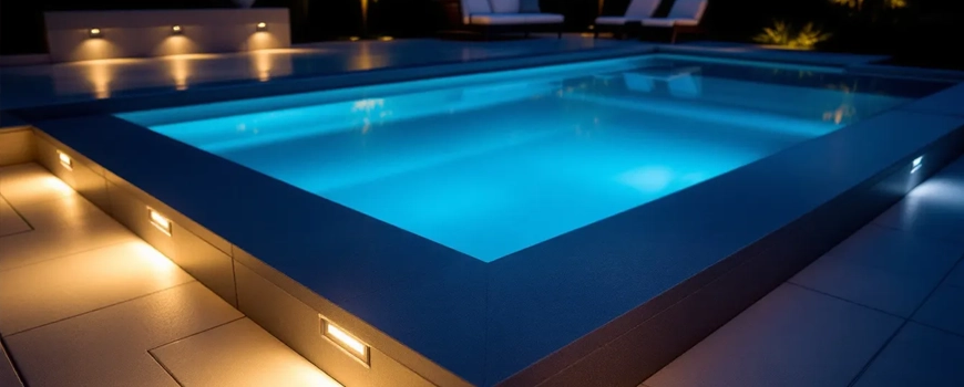 piscina com luzes subaquaticas e ambientes